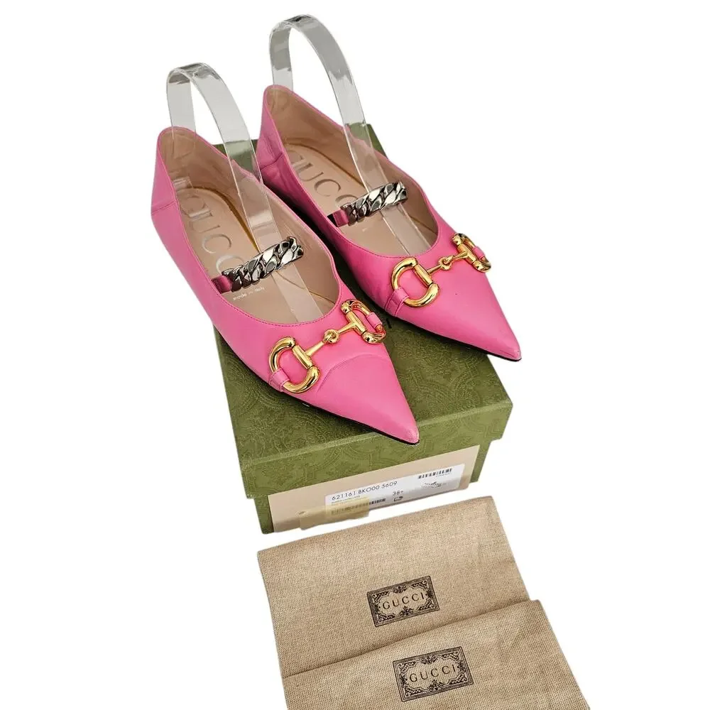 Gucci Horsebit Chain Pointed Toe Ballet Flat Size 38.5 US 8.5 Pink Gold Silver